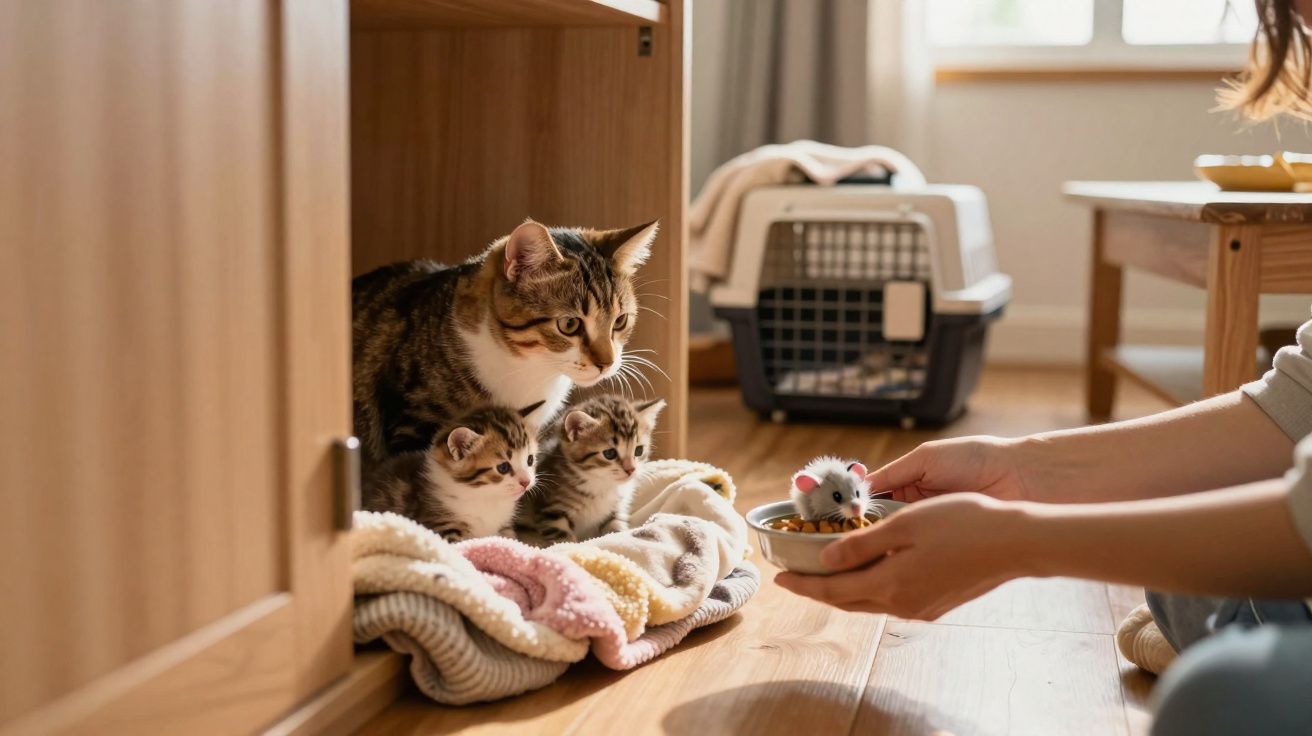 Gata com dois filhotes observando brinquedo de rato nas mãos de pessoa em ambiente interno.