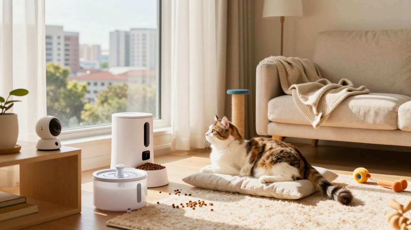 Gato deitado em almofada perto de comedouro e bebedouro automáticos em sala iluminada por janela.