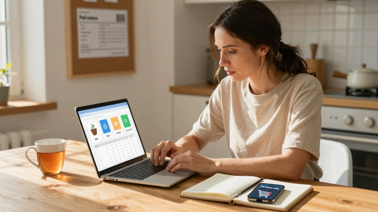 Mulher usando laptop para analisar investimentos, com xícara de chá e celular com app de compras na mesa.