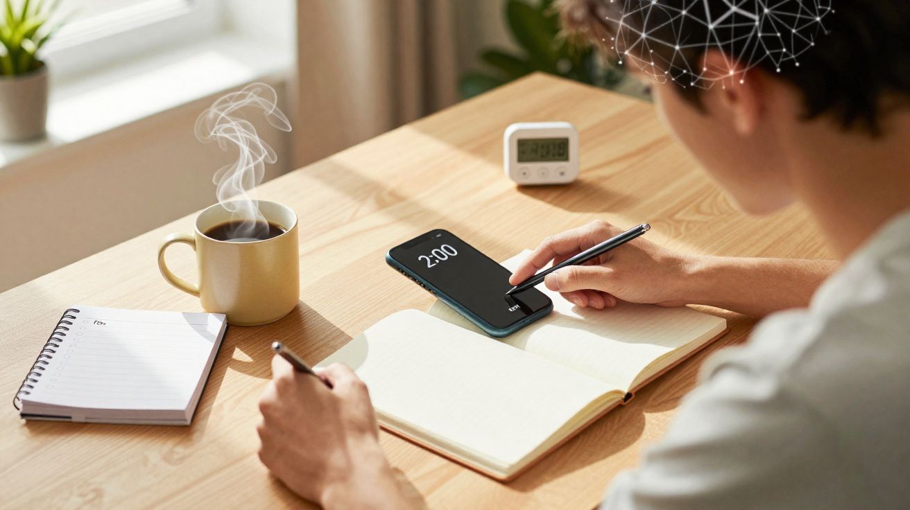 Pessoa escrevendo em caderno com café, celular e bloco de notas sobre mesa de madeira clara.