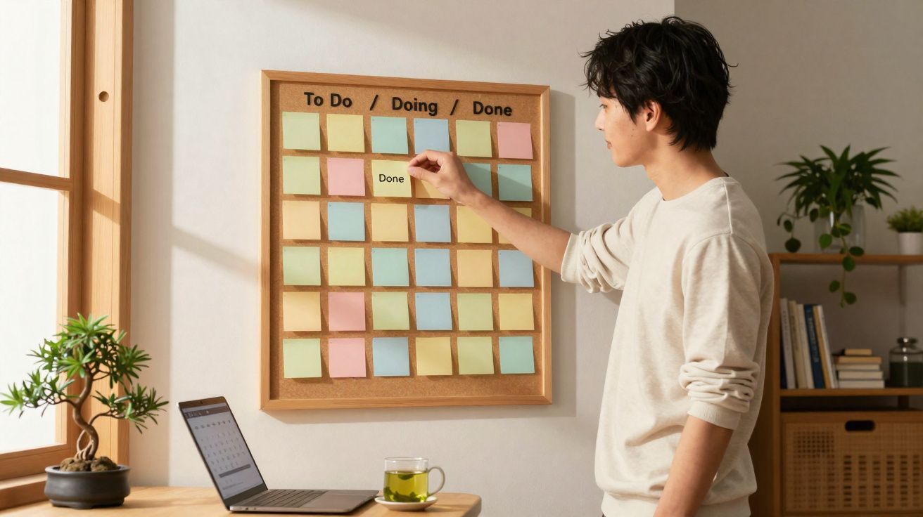 Homem movendo post-it "Done" em quadro de tarefas dividido em To Do, Doing e Done.