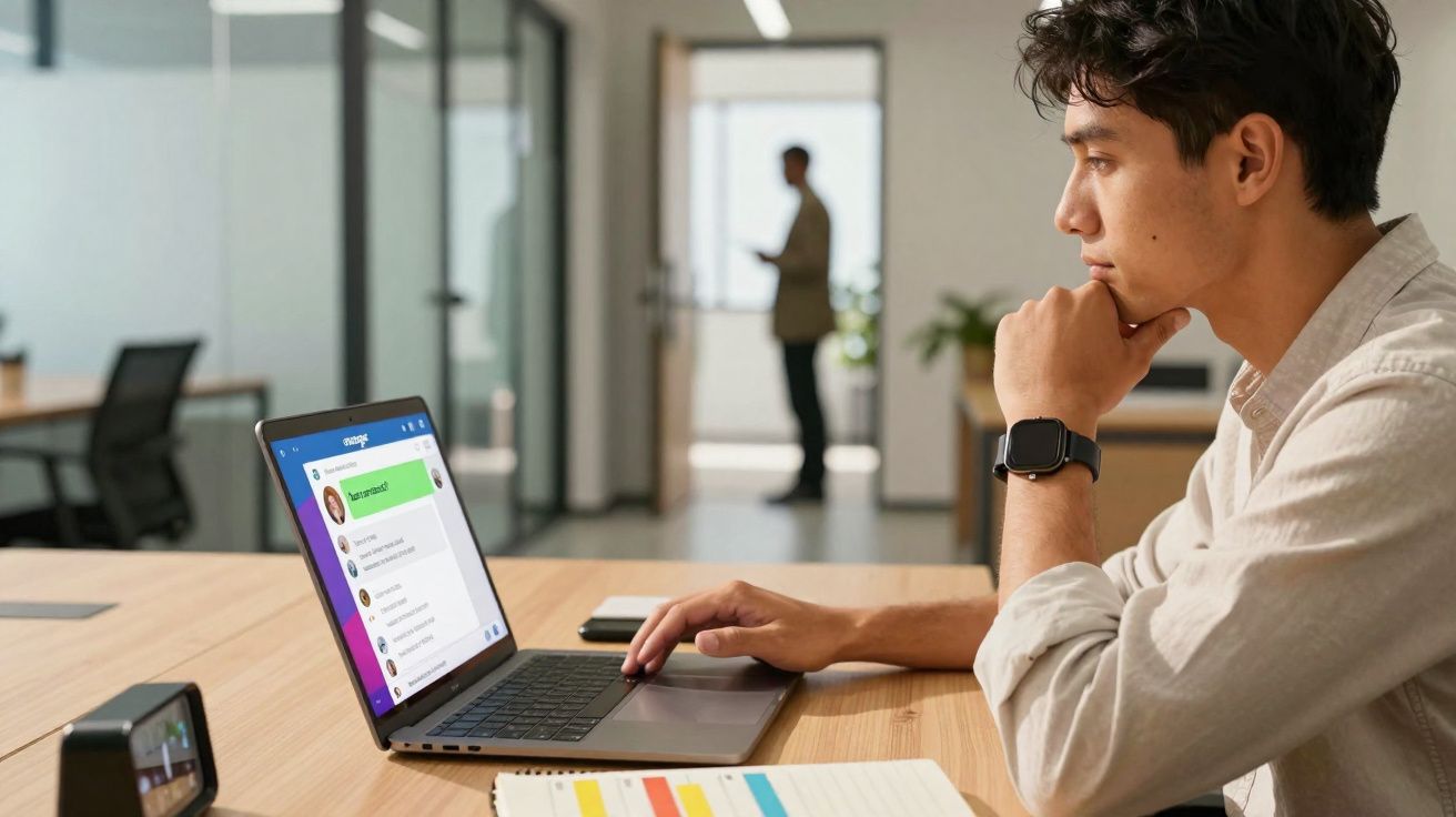 Jovem concentrado usando laptop com aplicativo de mensagens aberto em escritório moderno.
