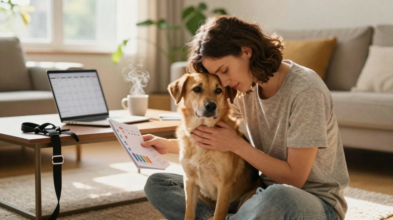 Mulher abraça cachorro enquanto senta no chão da sala com laptop e agenda na mesa à frente.