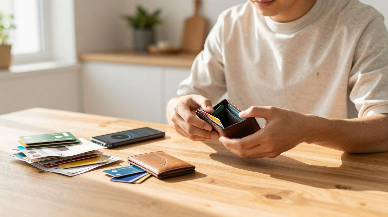 Pessoa sentada em mesa de madeira organizando cartões em uma carteira marrom, com celular e mais cartões sobre a mesa.
