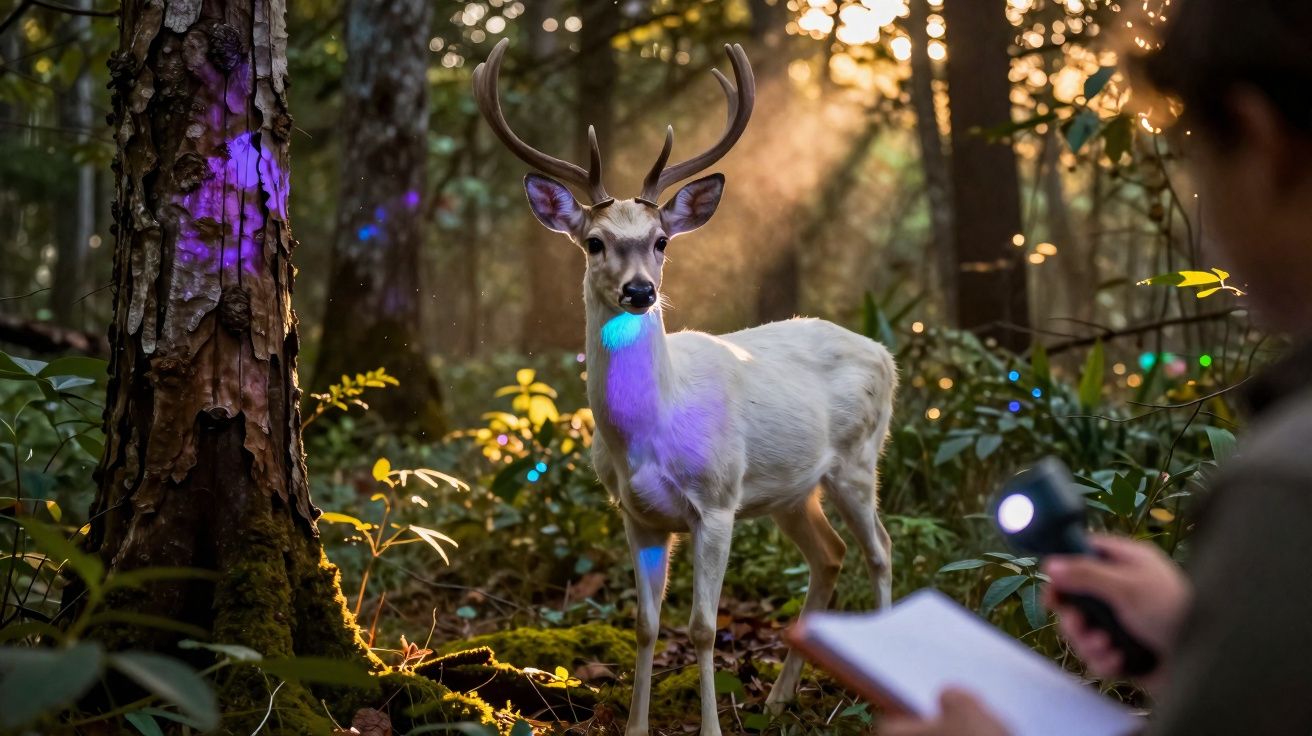 Veado branco com galhada em floresta iluminada por raios de sol, enquanto pessoa segura lanterna e caderno.