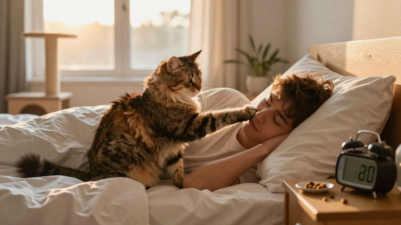 Gato toca o nariz de pessoa que está deitada na cama em um quarto iluminado pela manhã.