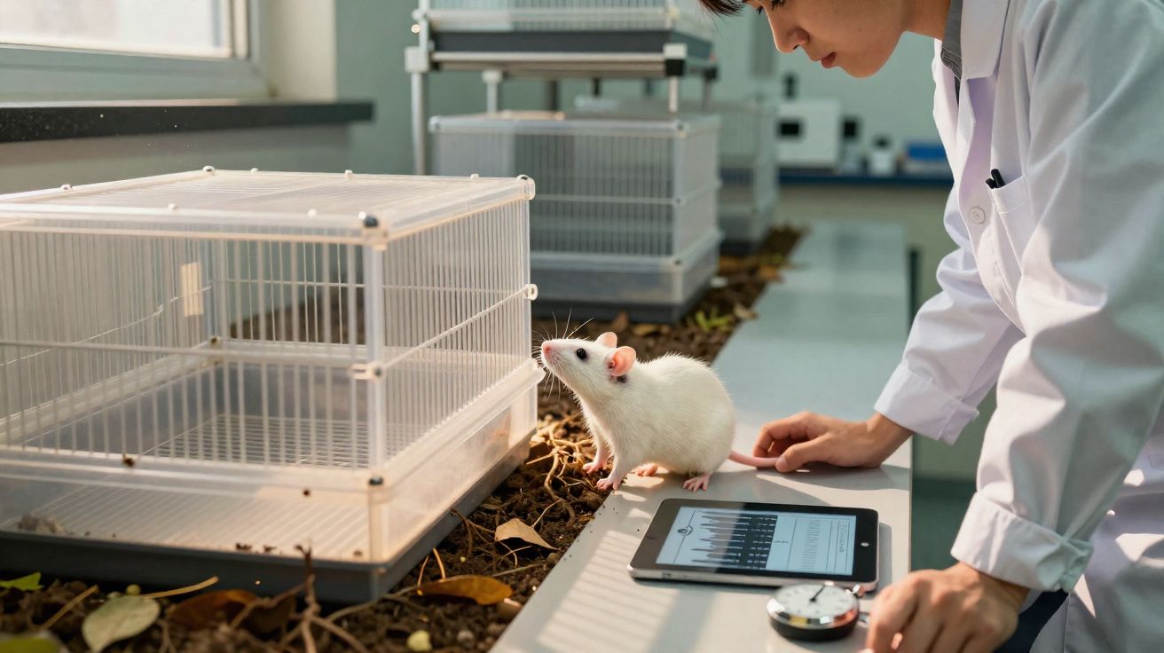 Pesquisador observa rato branco próximo a gaiola em laboratório, com tablet e cronômetro sobre mesa.