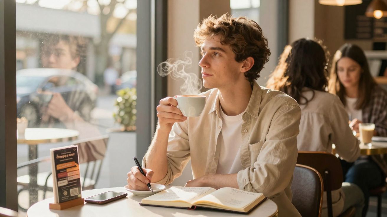 Jovem tomando café quente e escrevendo em caderno dentro de cafeteria com outras pessoas ao fundo.
