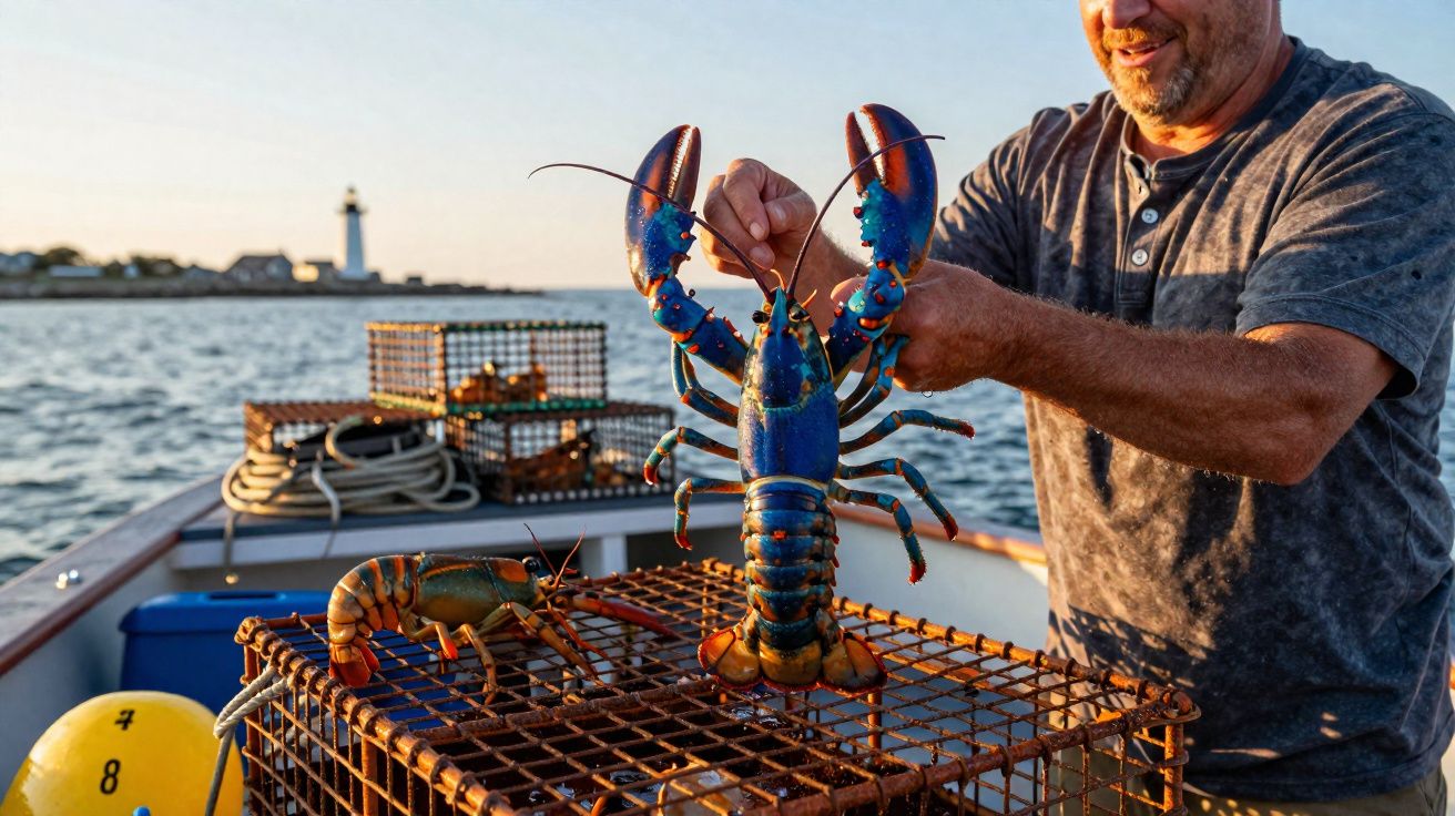 Homem segurando lagosta azul sobre armadilha de pesca em barco com farol ao fundo ao pôr do sol.
