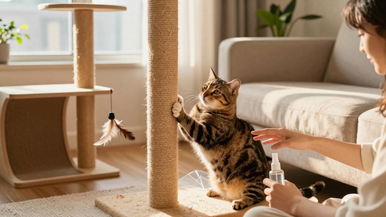 Gato malhado arranhando poste de sisal enquanto pessoa segura spray sentado no chão da sala.