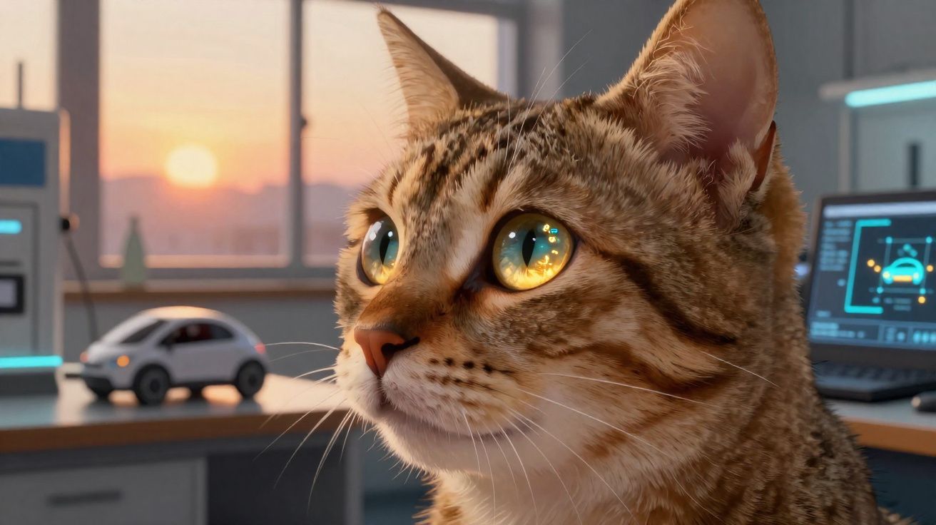 Gato listrado olhando atentamente, reflexo de luzes em seus olhos, com fundo de escritório ao entardecer.