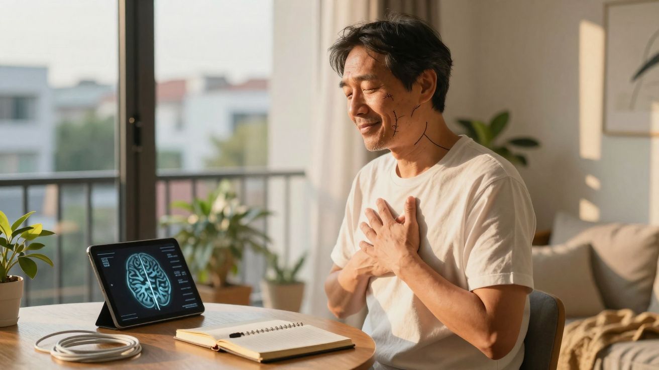 Homem sentado à mesa com as mãos no peito, próximo a tablet exibindo imagem de cérebro e caderno aberto.