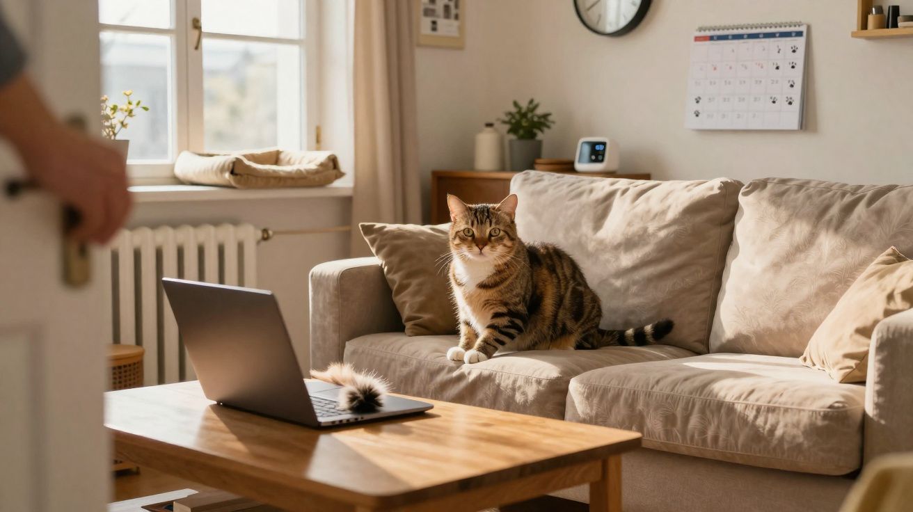 Gato listrado sentado em sofá bege em sala iluminada com laptop sobre mesa de madeira à frente.