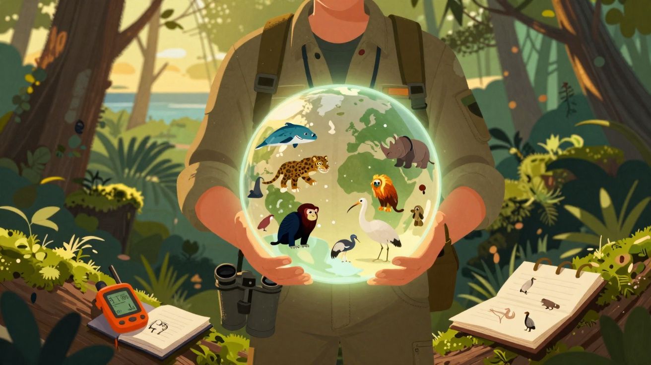 Pessoa segurando globo com animais silvestres em floresta, ao redor materiais de observação da vida animal.