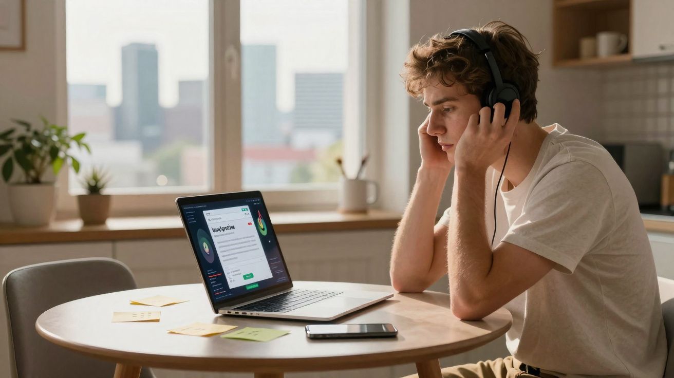 Jovem sentado à mesa com fones de ouvido, olhando para notebook aberto em ambiente claro e moderno.
