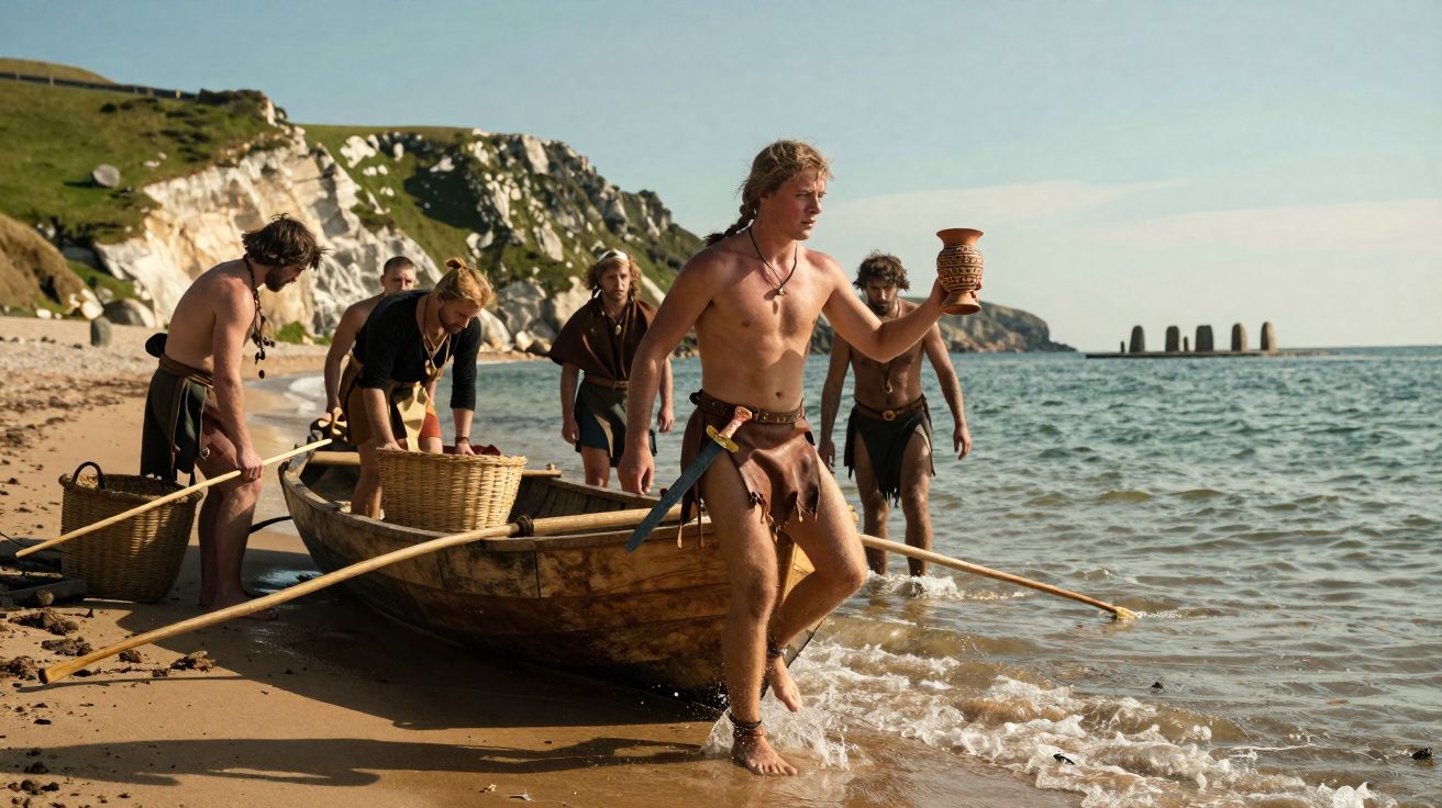 Homens vestidos com trajes rústicos puxam um barco de madeira na praia, um deles segura um copo de cerâmica.