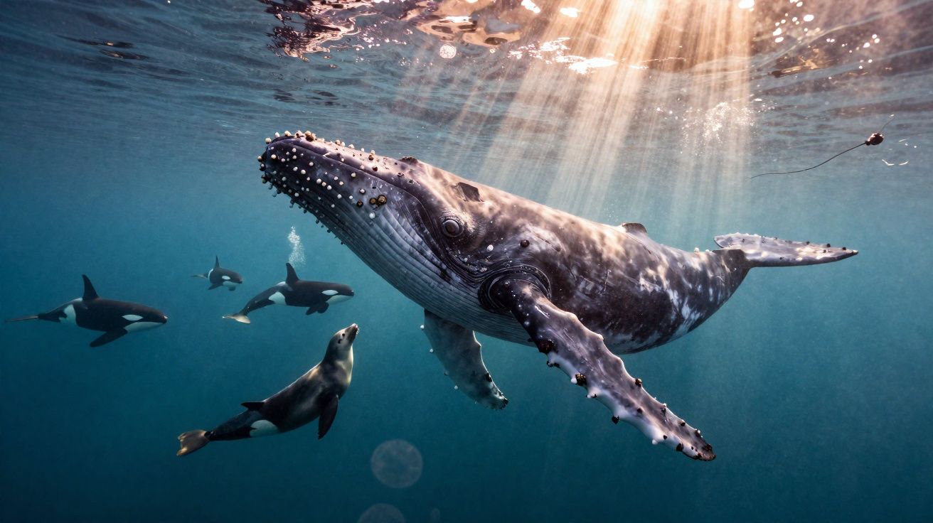 Baleia-jubarte nadando com leão-marinho e orcas sob luz solar no oceano azul profundo.