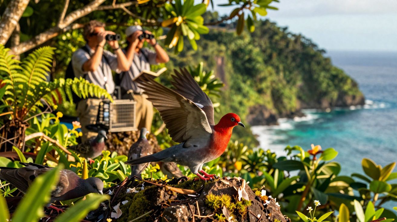 Pássaro vermelho pousado em ninho na floresta tropical com duas pessoas observando com binóculos ao fundo.