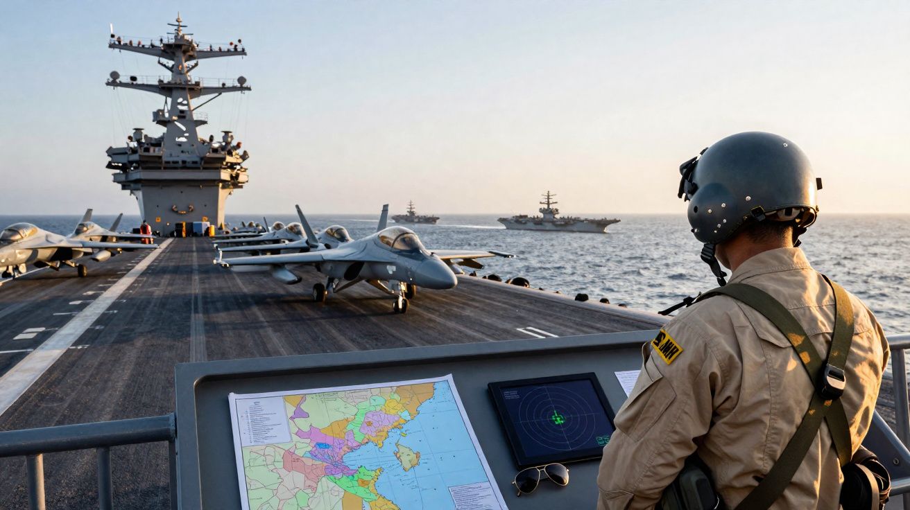Marinheiro com capacete observa porta-aviões com jatos estacionados no convés e radar no mar.