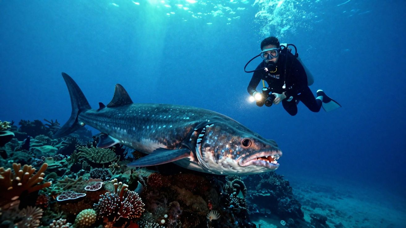 Mergulhador com lanterna ao lado de peixe-gato gigante no fundo do mar com corais ao redor.