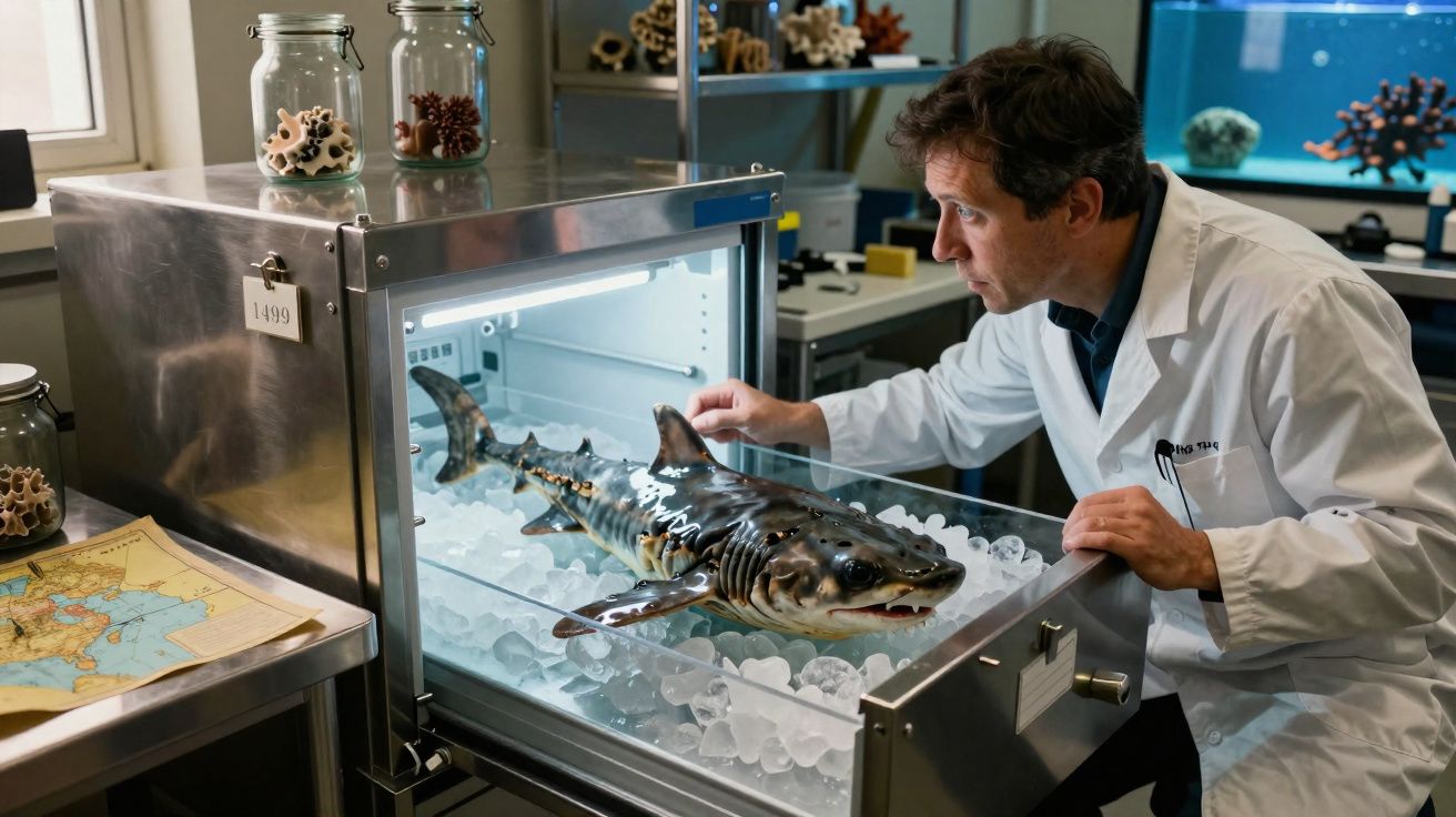 Cientista observa tubarão em caixa refrigerada com gelo em laboratório cientifico.