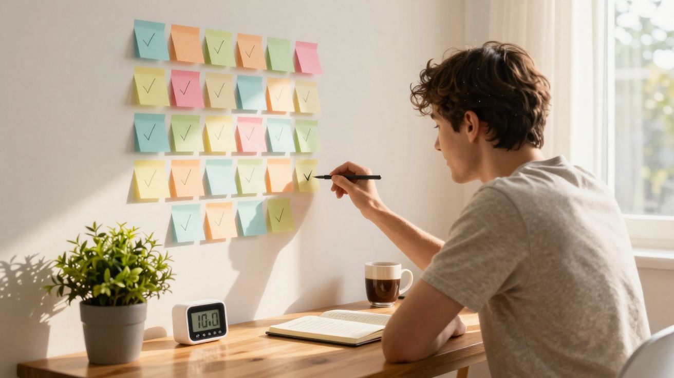 Homem sentado em mesa marcando post-its coloridos colados na parede com caneta preta.