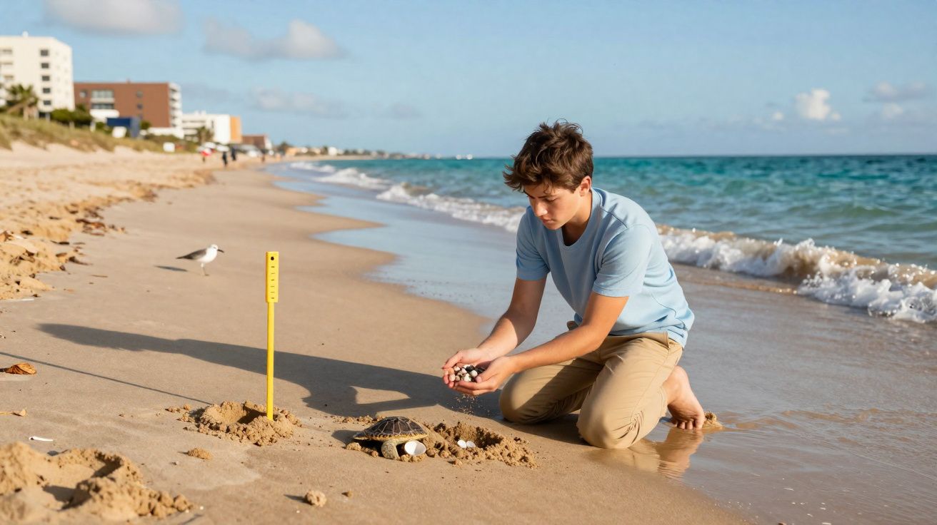 Garoto ajoelhado na praia soltando ovos de tartaruga para o mar em dia ensolarado.