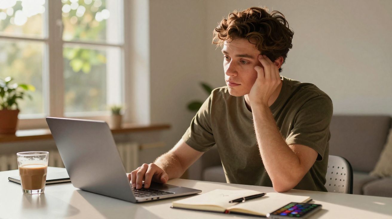 Jovem sentado à mesa, concentrado no laptop com caderno, celular e copo de café ao lado.