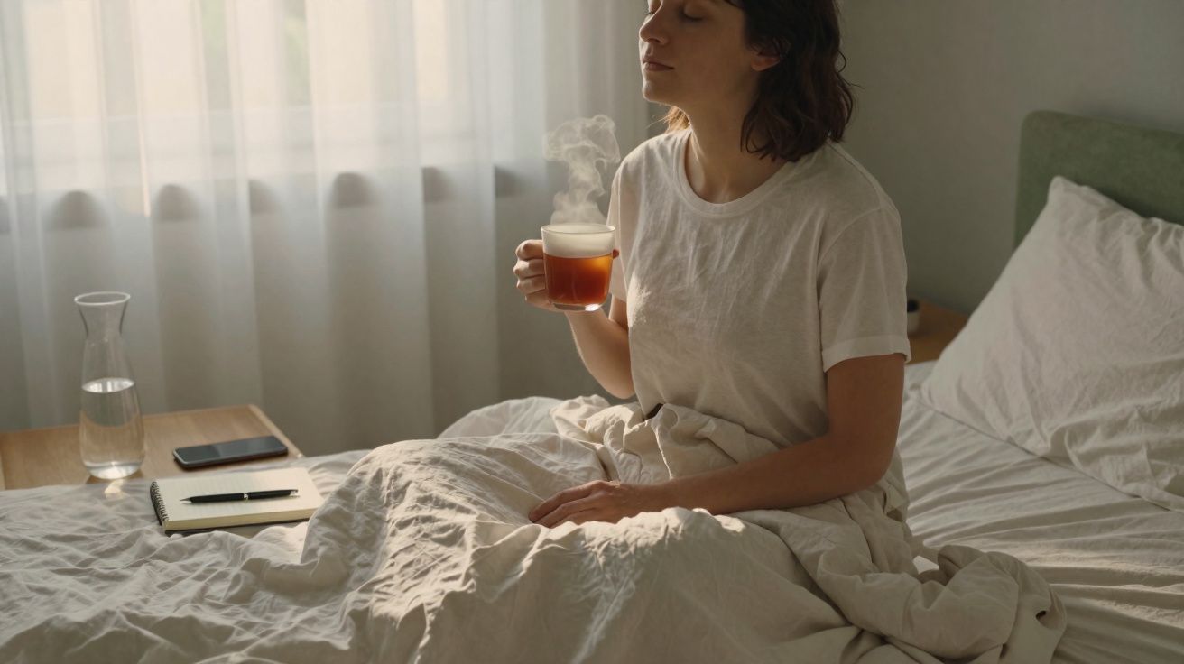Mulher sentada na cama segurando uma xícara de chá quente com vapor em um quarto iluminado.