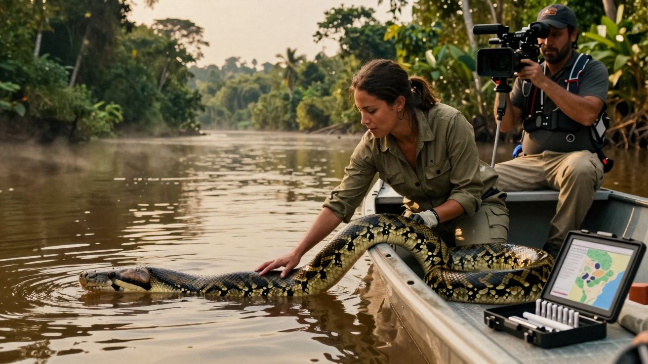 Mulher em barco segurando uma sucuri gigante em rio, com homem filmando ao fundo na floresta.