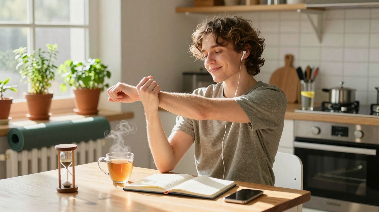 Pessoa esticando os braços sentada em uma cozinha com chá, livro aberto e celular na mesa.