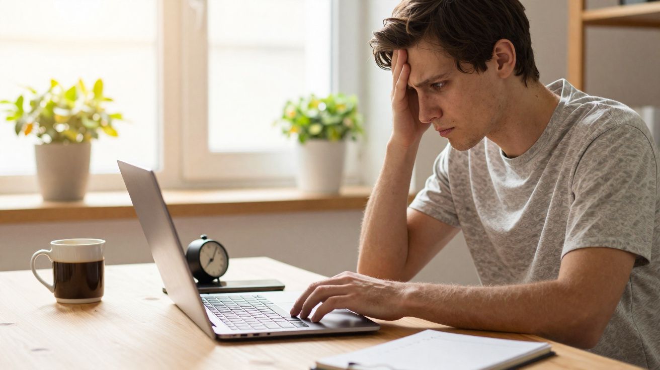Jovem homem preocupado trabalhando em laptop em mesa com café, relógio e plantas ao fundo.
