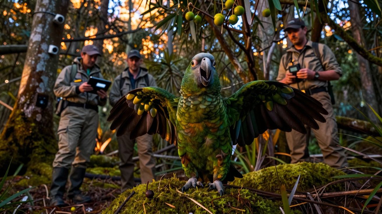 Papagaio verde com asas abertas em primeiro plano, com três homens em uniforme e equipamentos ao fundo em floresta.