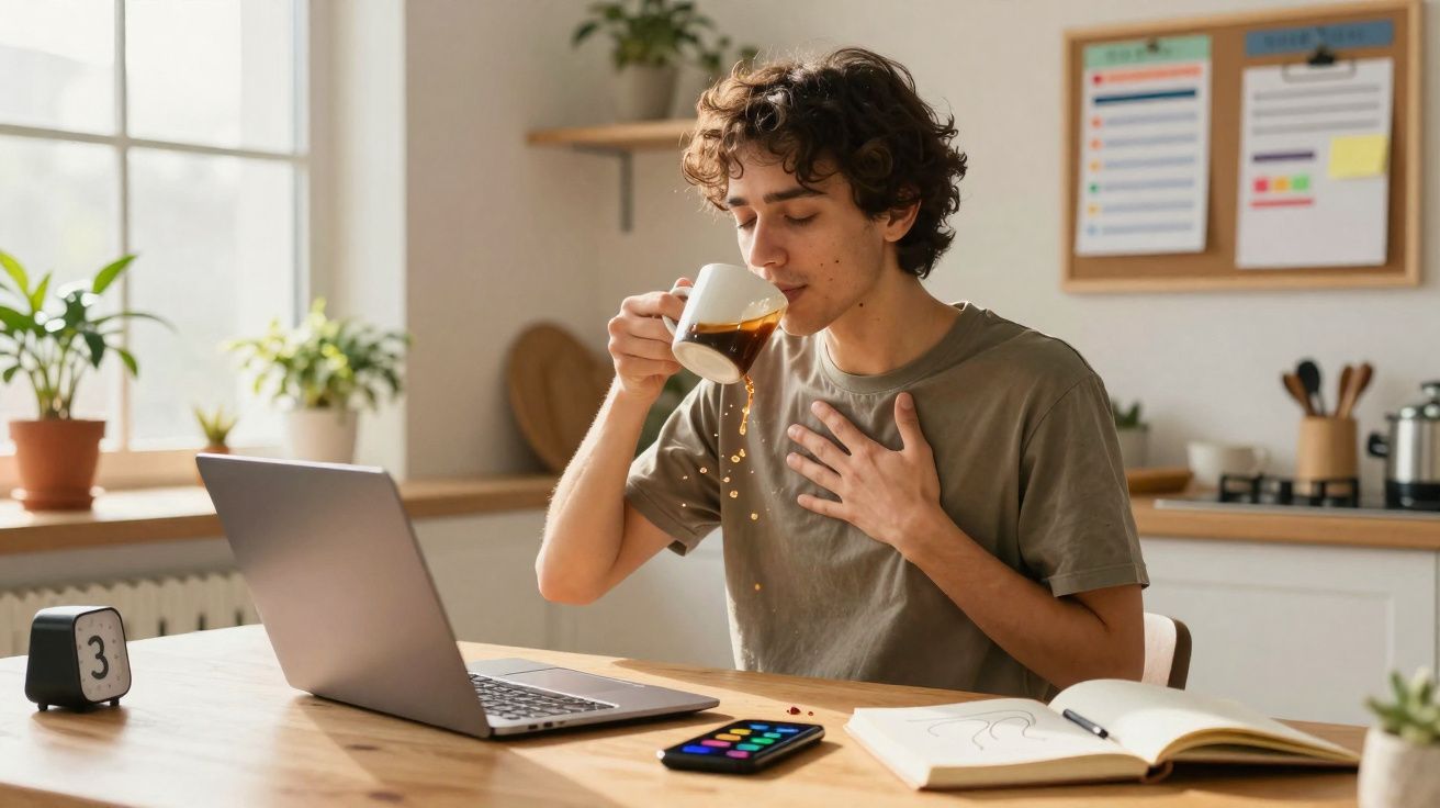 Jovem derramando café enquanto toma na cozinha com laptop, celular e caderno na mesa.