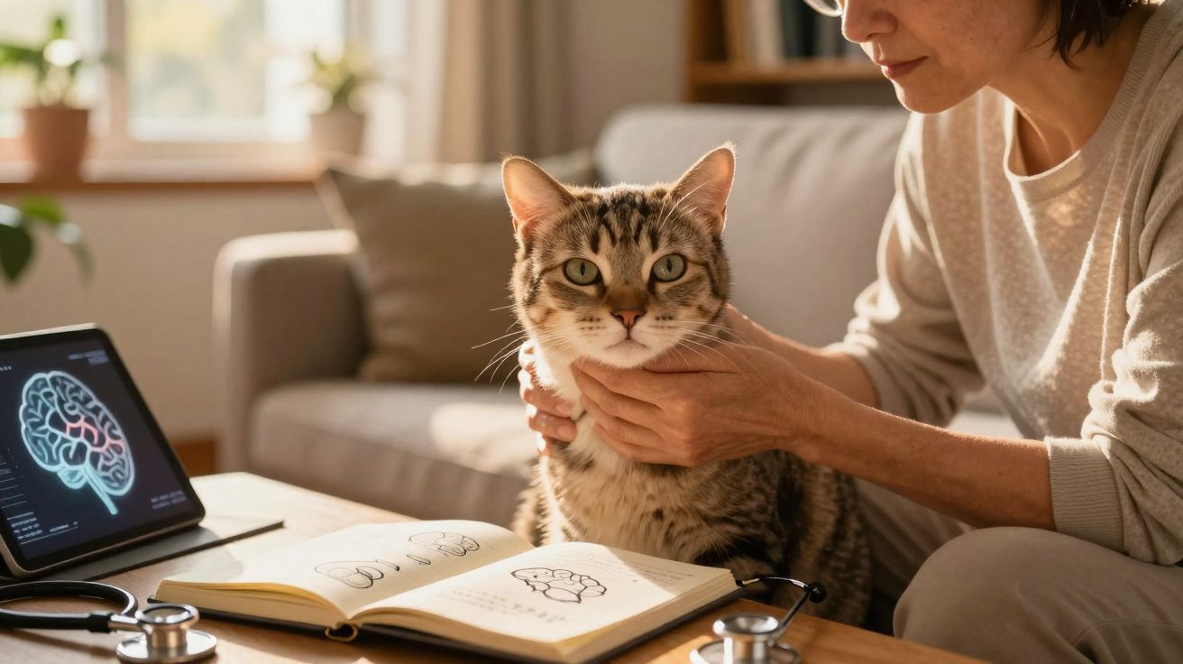 Pessoa examinando um gato em ambiente doméstico com livros e tablet exibindo imagem de cérebro.