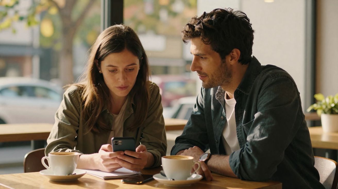 Casal sentado em café, ela segurando celular, ele observando, xícaras de café sobre a mesa.