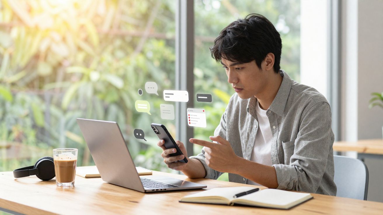 Homem usando celular e laptop, visualizando mensagens digitais em ambiente de trabalho iluminado.
