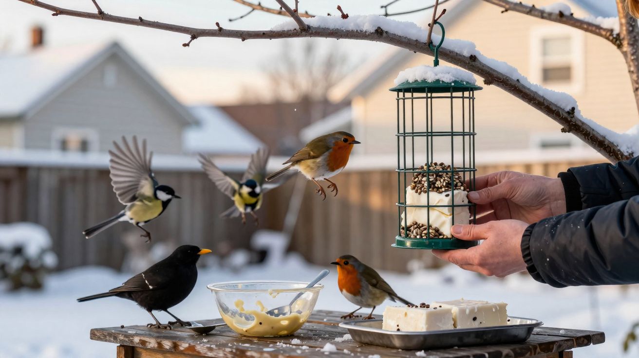 Pássaros diferentes se alimentando em comedouros e mesa com neve ao redor em jardim residencial.