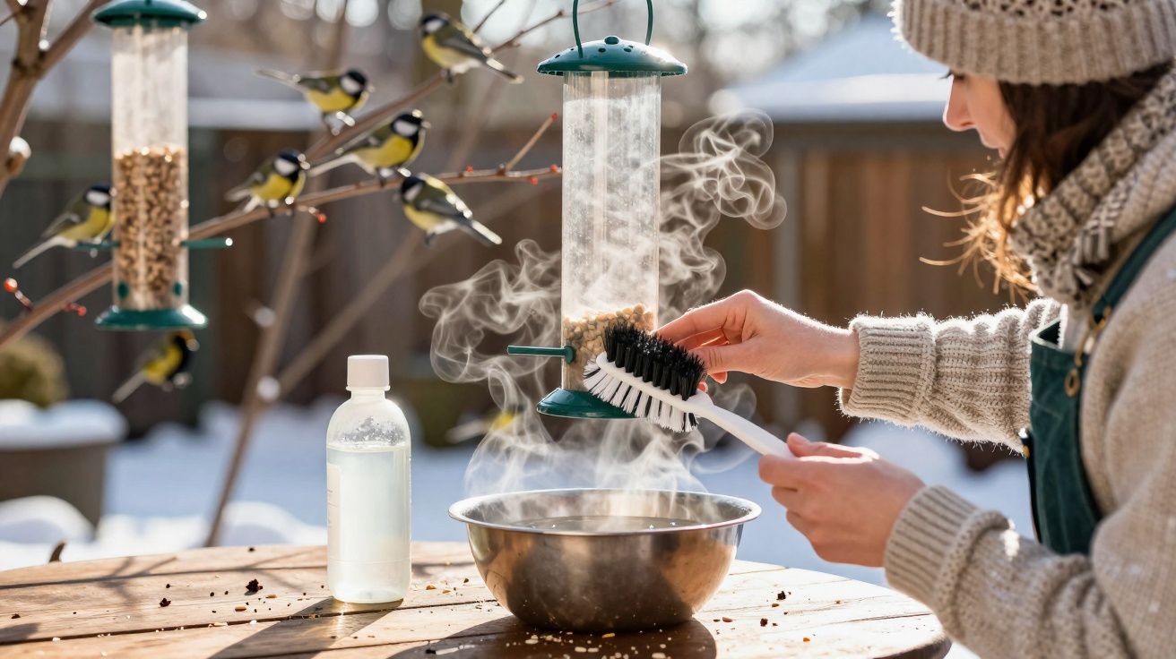 Pessoa limpando com escova com vapor um comedouro para pássaros ao ar livre no inverno.