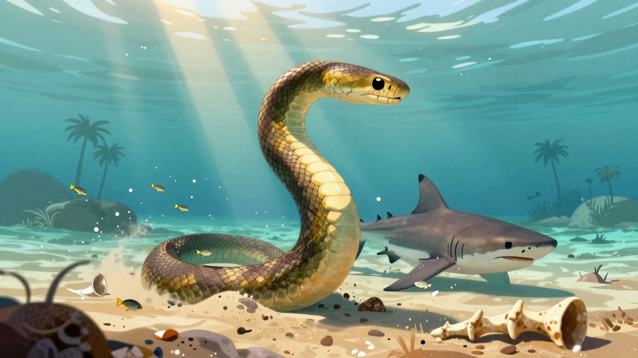 Serpente marinha e tubarão nadando perto do fundo do mar com corais e peixes ao redor.