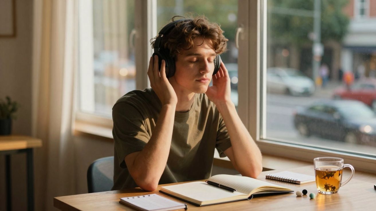 Jovem ouvindo música com fones grandes sentado à mesa com cadernos e uma xícara de chá ao lado.