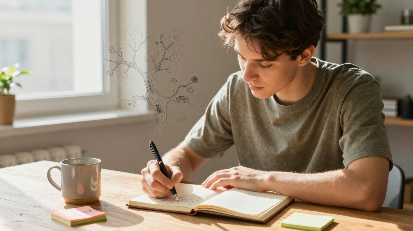 Jovem escrevendo em caderno, sentado à mesa com xícara, blocos de anotações e luz natural pela janela.