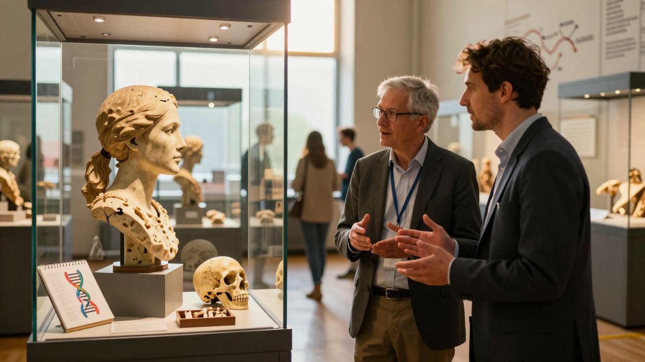 Dois homens conversam em museu próximo a uma exposição com busto, crânio e desenho de DNA.