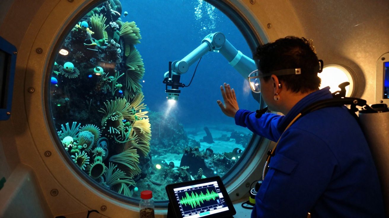 Pessoa operando braço robótico em submarino, observando corais e vida marinha pela janela circular.