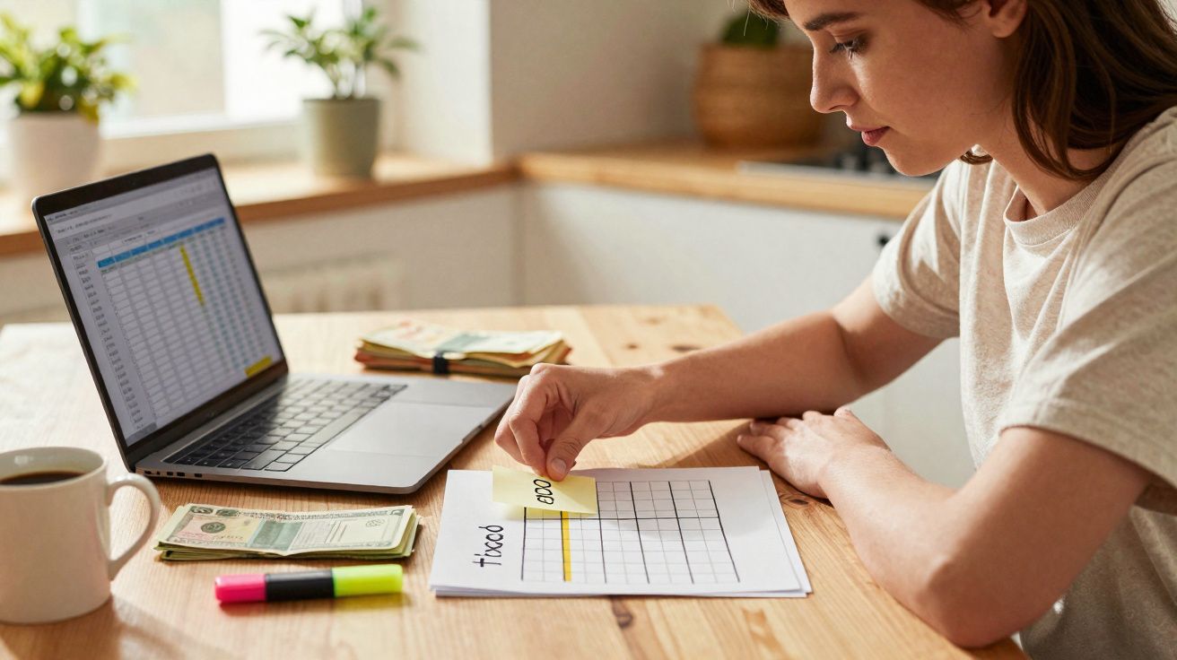 Mulher organizando finanças com planilha, dinheiro, laptop e canetas em mesa de madeira.