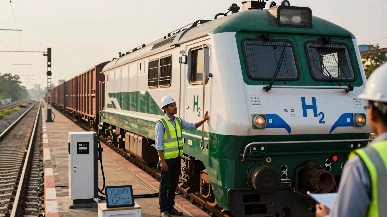 Engenheiros verificam trem movido a hidrogênio em estação de carga ao ar livre.
