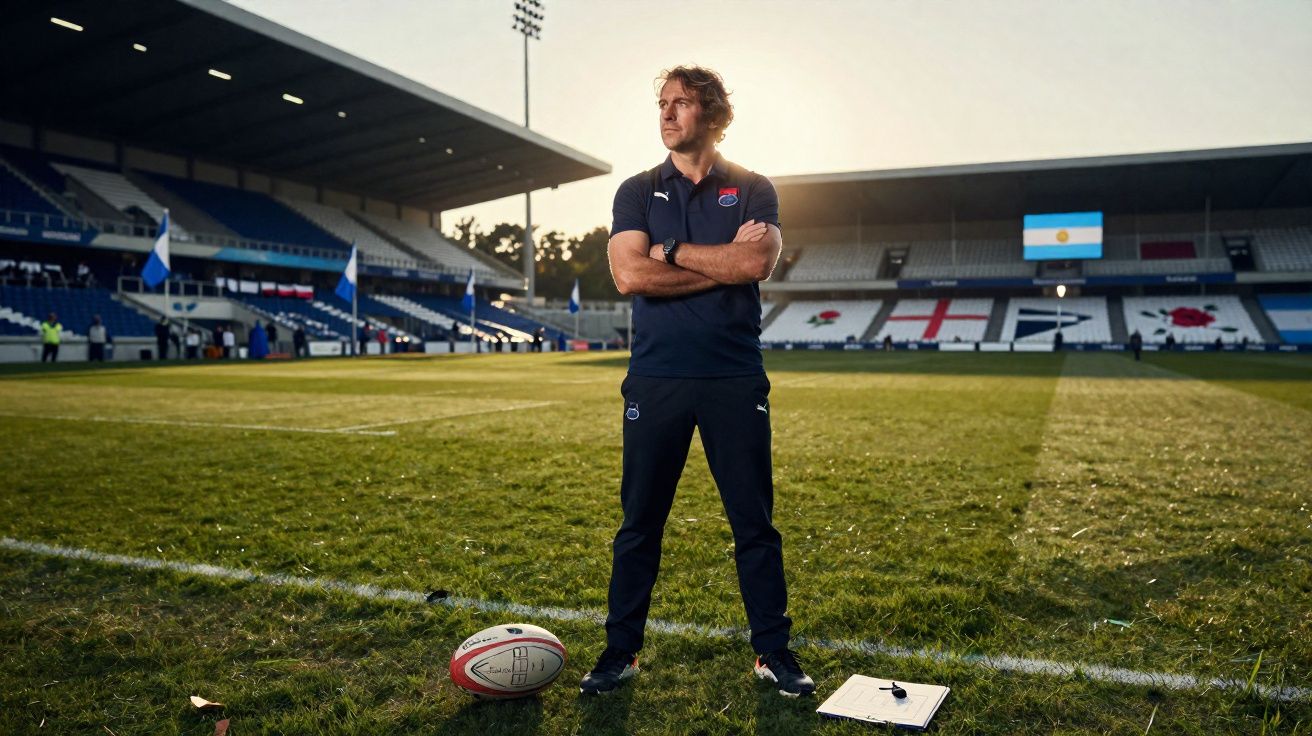 Homem de camiseta preta com os braços cruzados em campo de rugby com bola e prancheta no chão.