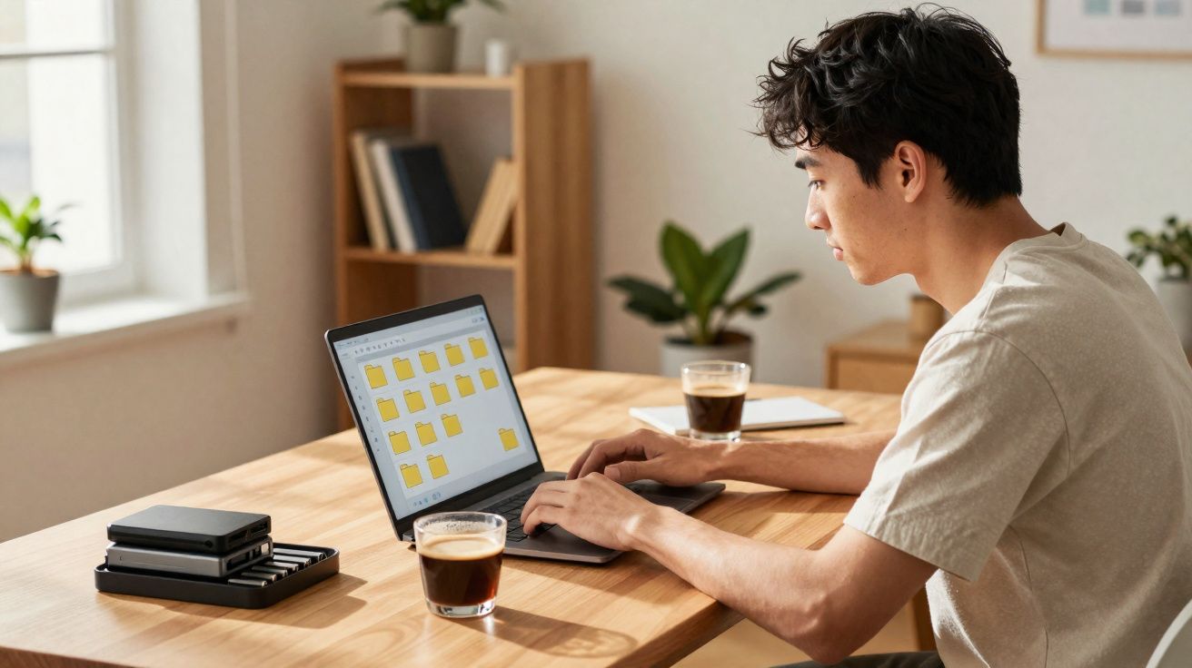 Jovem trabalhando em laptop com pastas digitais, sentado em mesa de madeira com café em copo transparente.