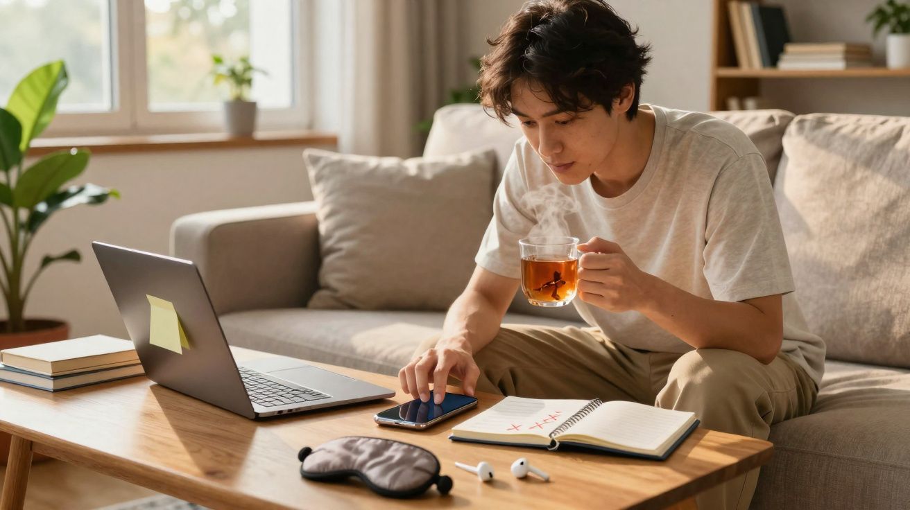 Jovem sentado no sofá segurando xícara de chá e usando celular com notebook e caderno na mesa de madeira.