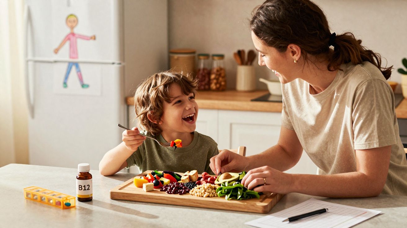 Mãe e filho sorrindo enquanto comem alimentos saudáveis e variados na cozinha iluminada.